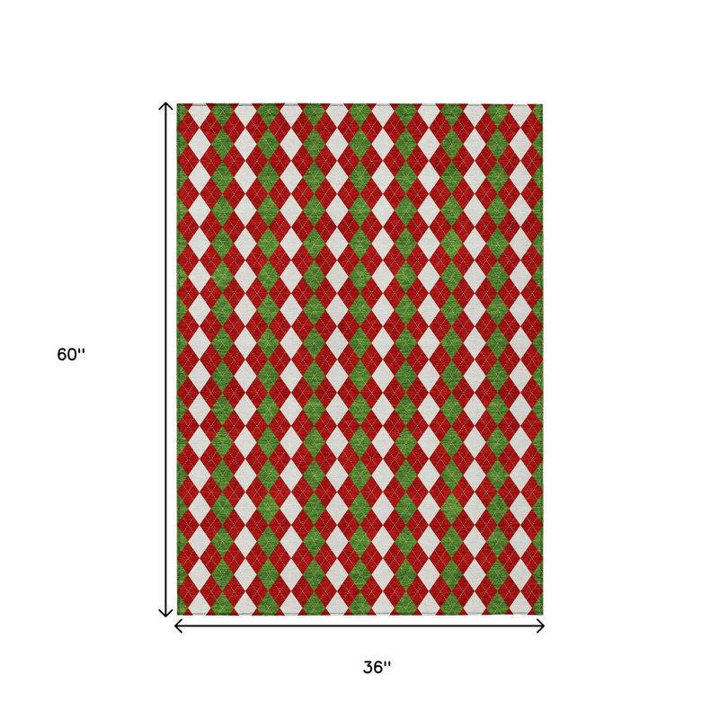 Tapis lavable en losanges rouges, blancs et verts 90 x 150 cm (3 x 5 pi) pour intérieur/extérieur