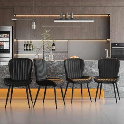 Modern Dining Chairs Set Of 4, Channel Tufted Upholstered Black Faux Leather Kitchen Chairs With Wingback Curved Back, Black Metal Legs