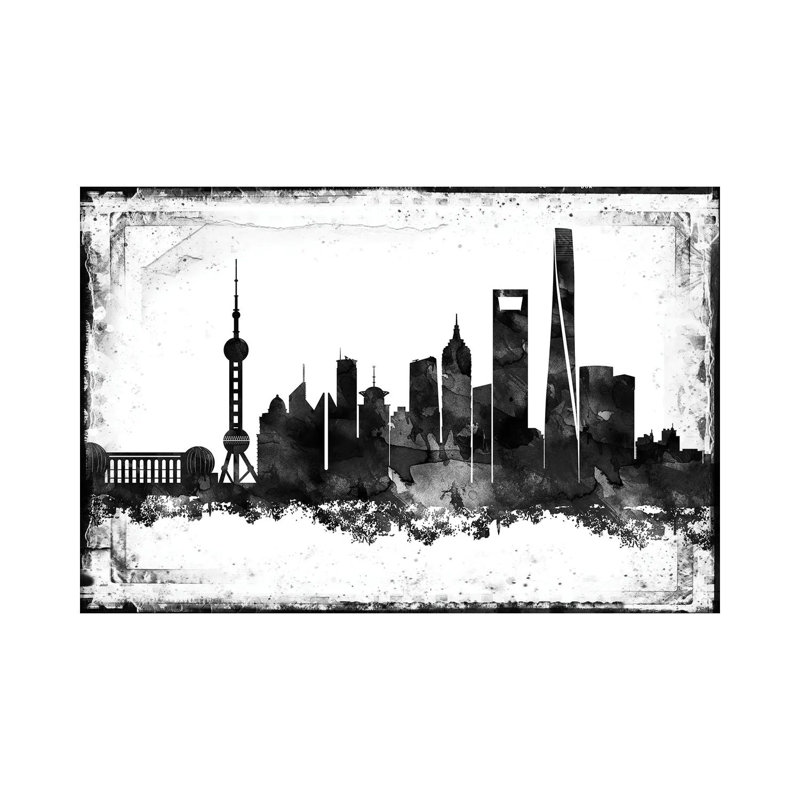 Shanghai Black & White Film by WallDecorAddict - Wrapped Canvas Print, 20.32 cm H x 30.48 cm W