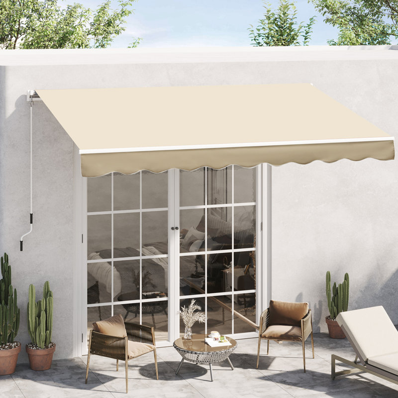 Auvent de balcon beige rétractable 10 pi x 8 pi, parasol avec manivelle manuelle, et tissu hydrofuge, pour terrasse, cour, cadre de patio en aluminium Balcon, cour