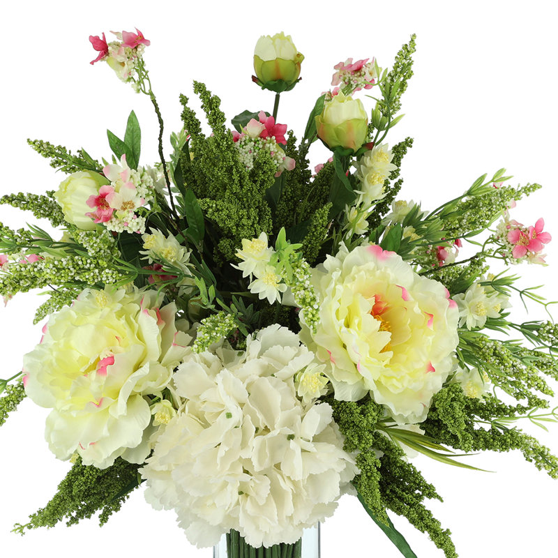 Faux arrangement de magnolia et d'hortensias dans un vase, Crème / jaune