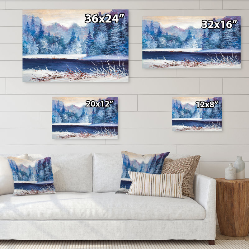 Forêt de Noël avec rivière - Peinture sur toile, H 16 po x l 32 po x P 1 po, Toile tendue