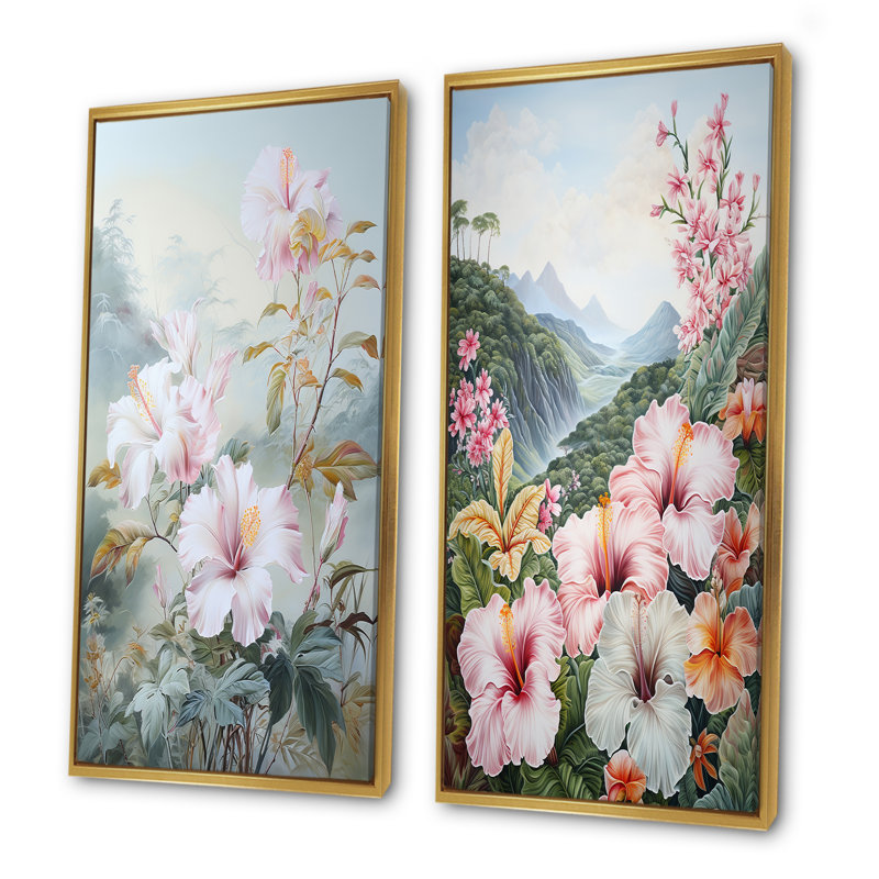 Hibiscus blanc sur la colline du Japon - ensemble de 2 décorations murales florales, Encadrement doré, H 40 po x l 41 po