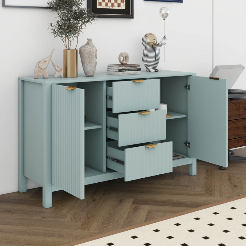 Buffet Wave Design avec 3 tablettes réglables, armoire d'entrée avec 3 tiroirs et portes à fermeture en douceur, poignées en métal