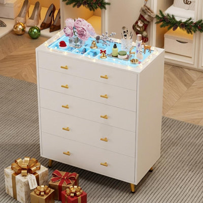 Commode 5 tiroirs l 30,7 po avec lumières DEL, commode haute de 39 po pour îlot de chambre et garde-robe avec plateau en verre trempé, commode à bijoux et commode en verre, blanc