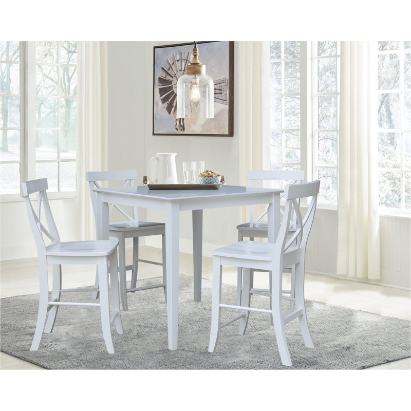 Dalonzo Counter Height Solid Wood Dining Set, White, 5 Pieces