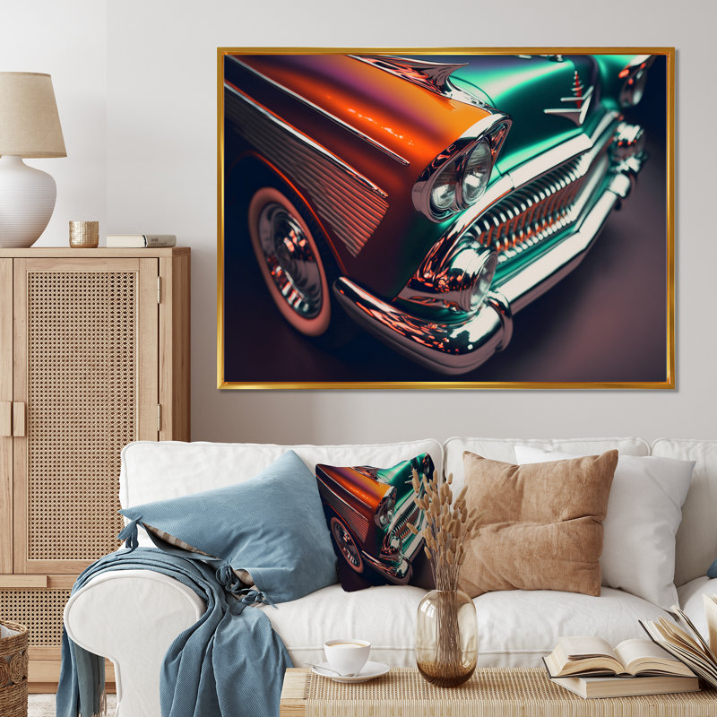 Rétro voiture rétro pendant l'heure dorée - reproduction sur toile, H 12 po x l 20 po x P 1 po, Cadre flottant doré