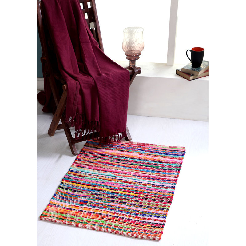 Seth Rainbow Striped Recycled Cotton Handwoven Flatweave Rug, Rectangle 70 x 140cm