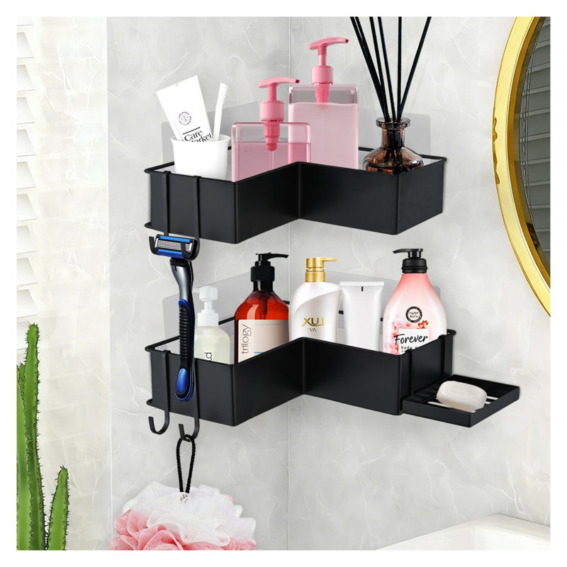 Ensemble de 2 paniers de douche en coin en acier inoxydable noir mat - Organisateur de tablette de salle de bain adhésif sans perçage