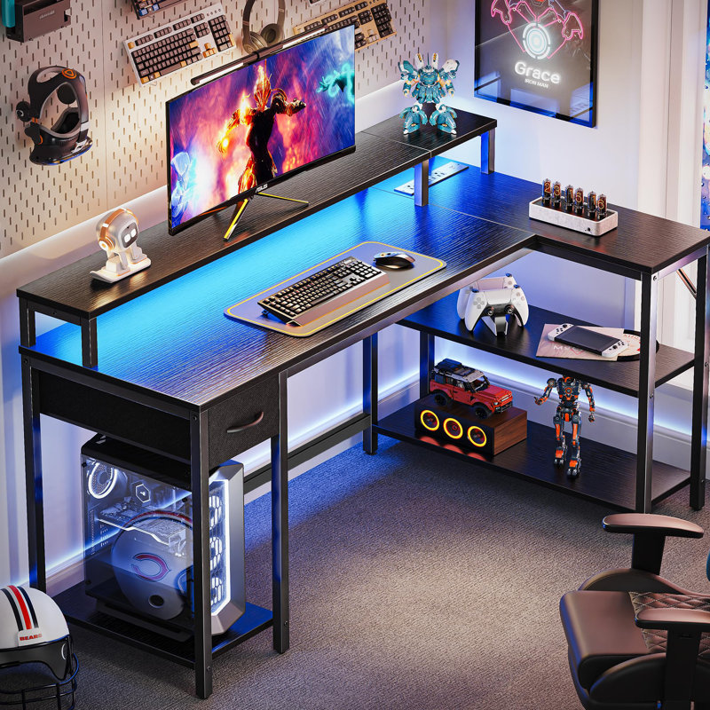 Reversible L Shaped Gaming Desk with Drawer, LED Lights & Power Outlets, Corner Computer Desk with Shelves & Monitor Stand