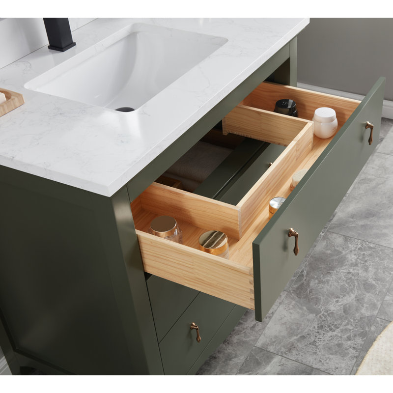 36" Cadet Finish Solid Wood Sink Vanity  With 1' Artificial Stone Top, Pewter Green