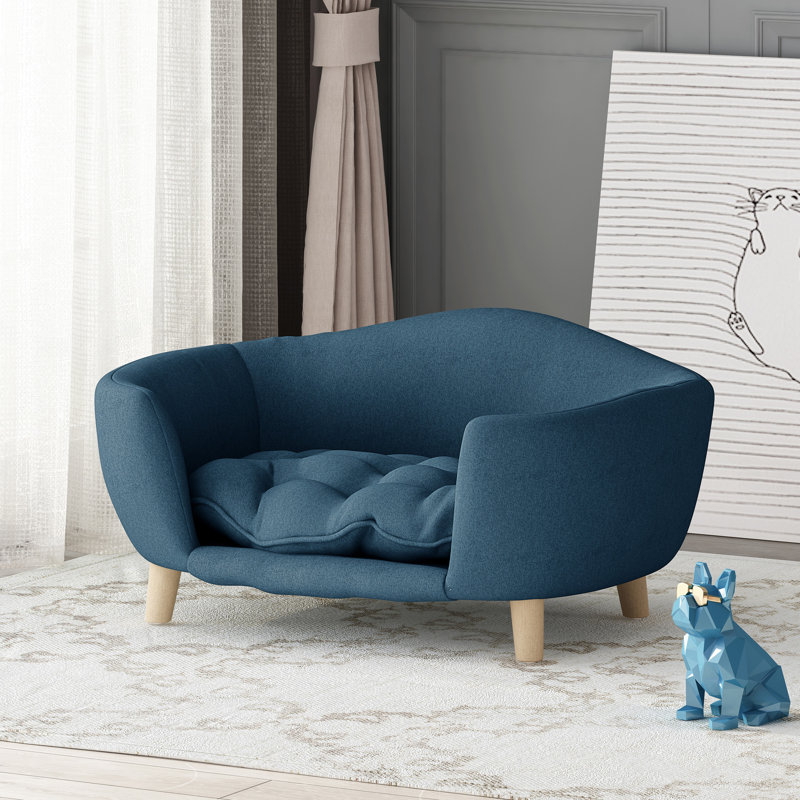 Lit pour chien bleu marine avec style Mid-Century moderne, coussin et pieds en bois de bouleau, lit de style assemblage, bleu, digne de confiance requis