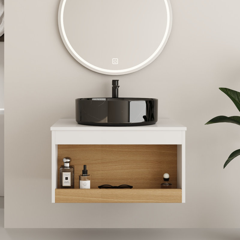 Ensemble de meuble-lavabo simple mural 24 "avec lavabo rond en céramique, Black with white patterns