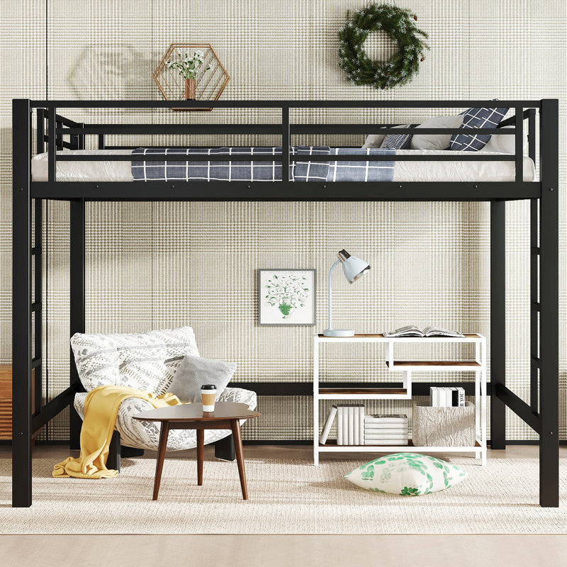 Queen Metal Loft Bed With Guardrails & Easy-Climb Ladders, Queen