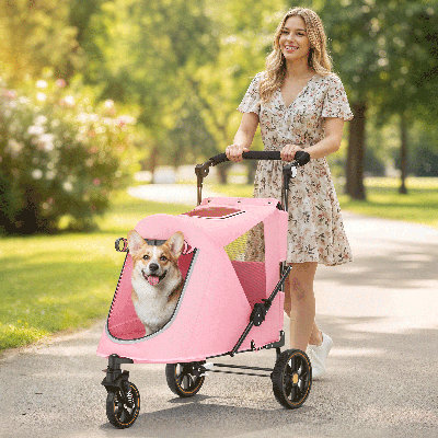 Folding 3 Wheel Pet Stroller, Foldable Dog Jogger Stroller with Adjustable Handlebar and Mesh Window
