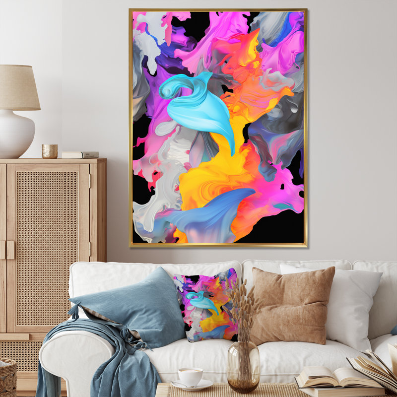 "Peinture rose et bleue Fusion II", Cadre doré simple, H 40 po x l 30 po x P 1,5 po