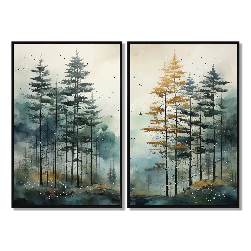 Tonalisme «Whispering Pines Pointillism II», reproductions d'art traditionnel sur toile, Black, Floater Frame, 36" H x 48" W