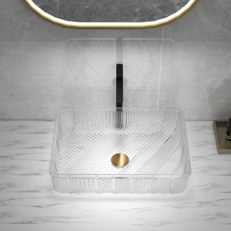 Modern Glass Bathroom Sinks Rectangle Transparent Bathroom Vessel Sink Clear Wash Sink with Drain