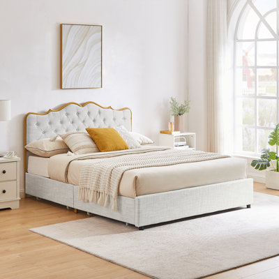Upholstered Genuine Leather Wingback Bed with Drawers