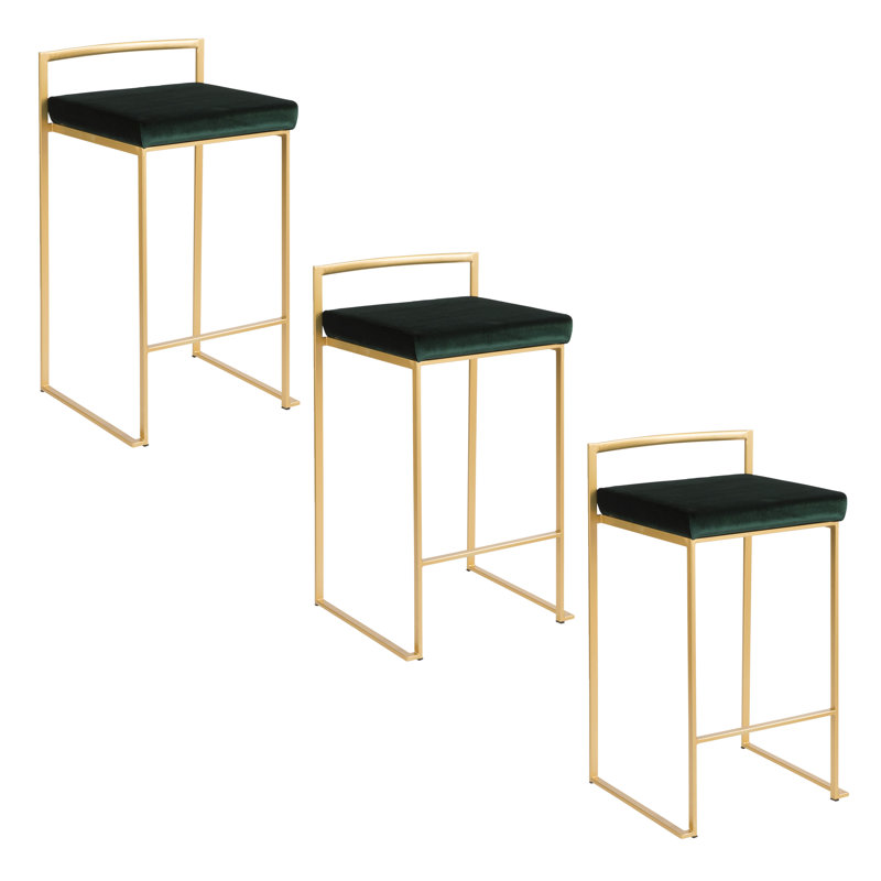 Derik Stackable Counter & Bar Stool with Velvet Cushion, Green/Gold, Counter Stool (26" Seat Height)