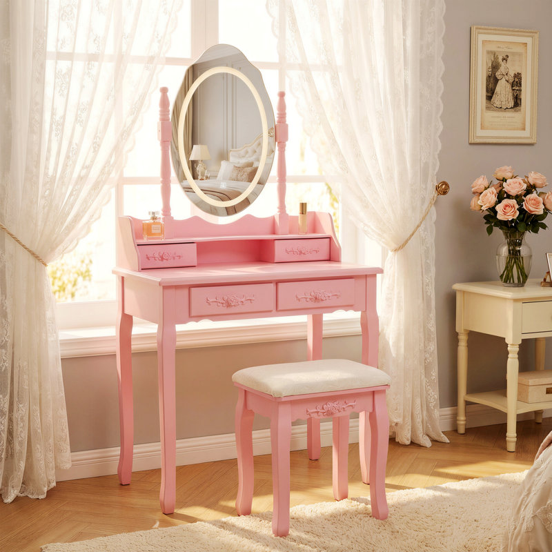 Vanity Desk Set With LED Light Mirror And Cushioned Stool For Bedroom, Pink