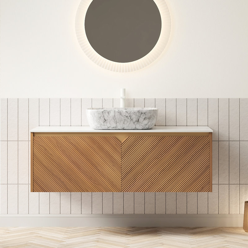 48" Bathroom Vanity, Floating Plywood Storage, Twill Double Doors, Metal Embellishments, Marble Pattern Ceramic Basin, White Sintered Stone Surface, Oak , High Resistance, Distinct Patterns Cabinet,