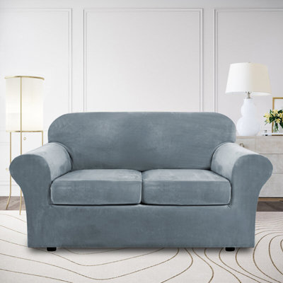 Soft Velvet Plush 3 Piece Stretch Loveseat Sofa Slipcover for 2 Cushion Couch Machine Washable