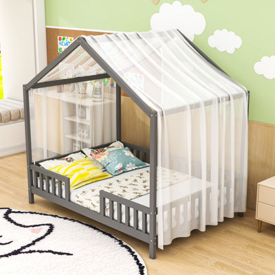 Wooden House Bed With Canopy And Safety Guardrails
