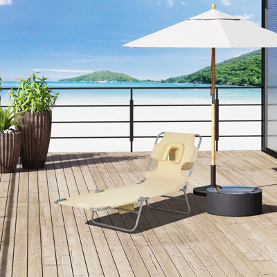 Lit inclinable extérieur avec trou pour le visage, fentes pour accoudoirs, coussin et fonction pliable pour la terrasse, le jardin, la plage, la piscine, la chaise de bronzage beige