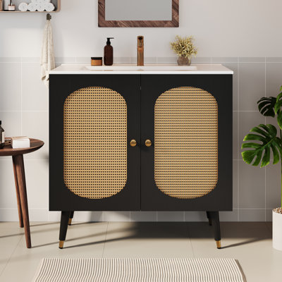 Meuble-lavabo sur pied en rotin 36 po avec lavabo en céramique 36 po