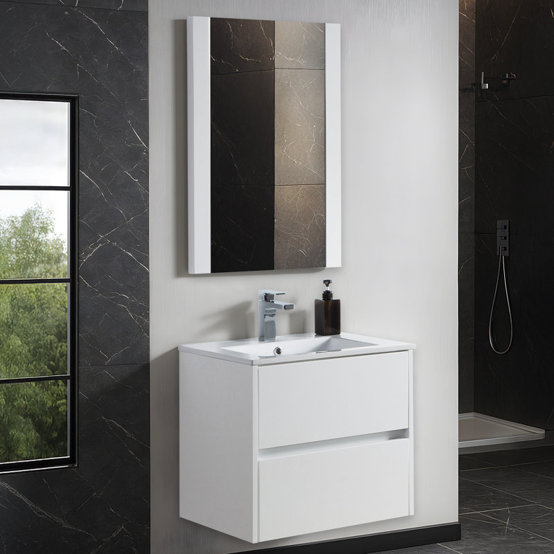 Ensemble de meuble-lavabo de salle de bain simple mural 24 po avec miroir Oquendo, Blanc lustré