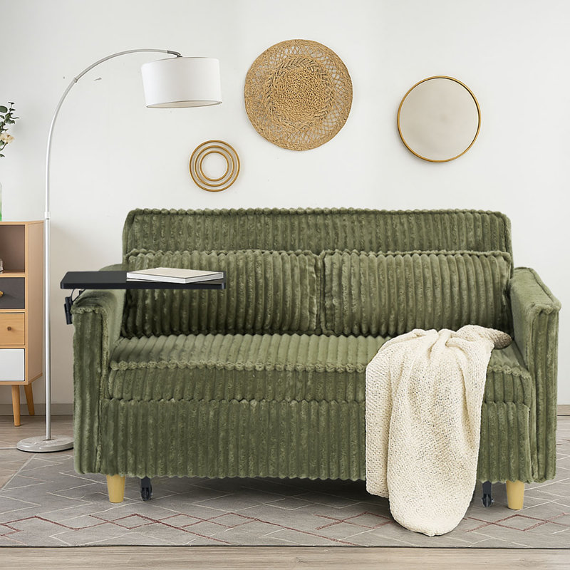 Corduroy Upholstered Convertible 2-Seater Sofa Sleeper Sofa Bed with USB Ports and Integrated Side Table, Green