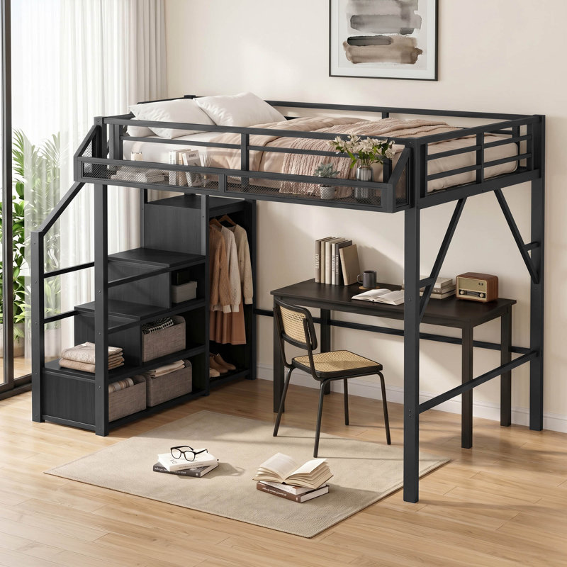 Lit mezzanine double en métal avec très grand escalier de rangement et escalier réversible, Bois noir