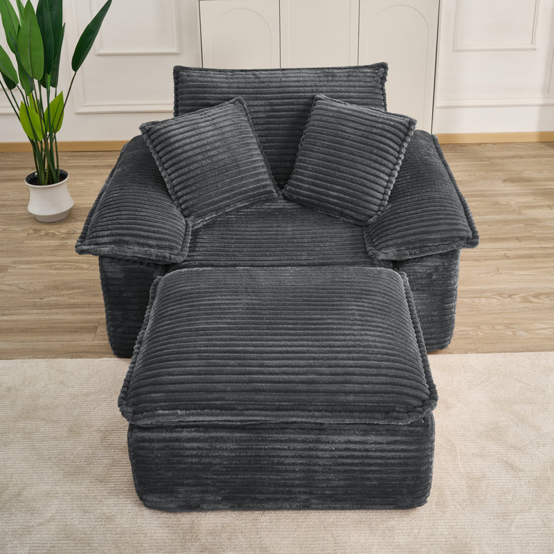 Compression Corduroy Chaise Lounge Chair with Ottoman, No Assembly Required, Gray