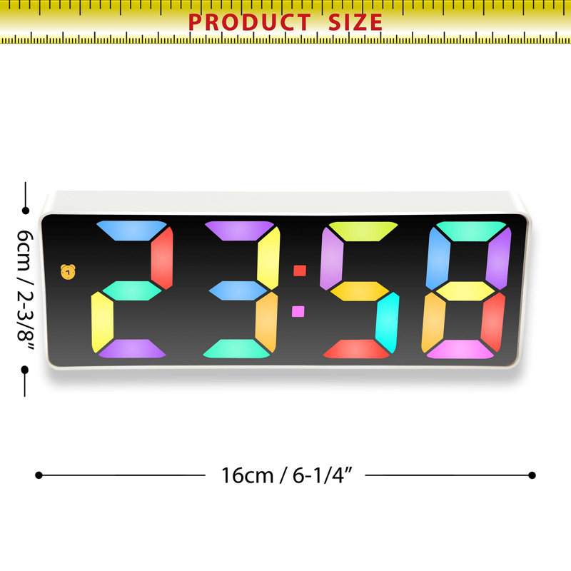Digital Tabletop Alarm Clock, White with Coloured Display, 6.25" x 2.25"