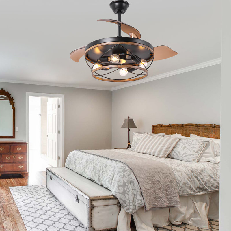42" Retractable Ceiling Fan With Light And Remote, Farmhouse 6 Speeds Caged Ceiling Fan For Bedroom