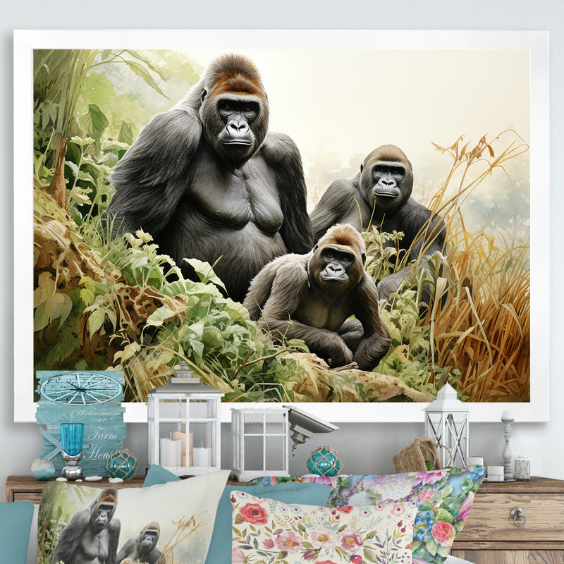 Horizon de la famille des gorilles d'Afrique I - impressions sur toile gorille, Cadre simple blanc