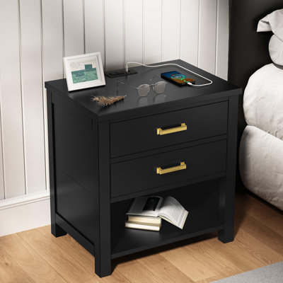 2 Drawers Solid Wood Nightstand With Storage, Open Shelf, 2 Power Outlets, 1 Usb Port, And 1 Type C Port