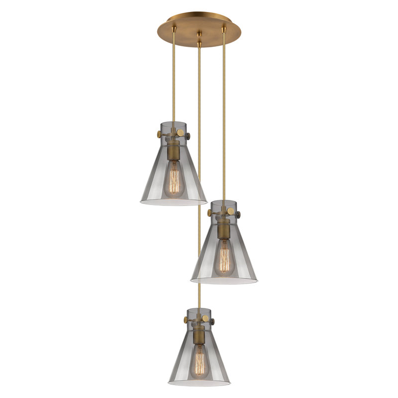 Luminaire suspendu 3 lumières Amrith, Laiton brossé, Gris fumée clair