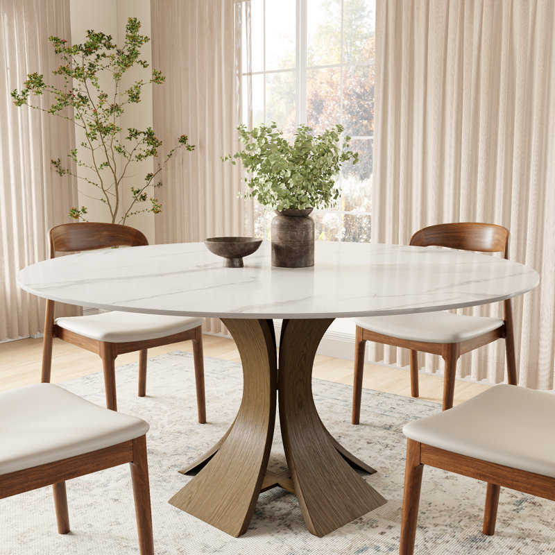 Aversa Modern Round Dining Table, Sintered Stone Top | Solid Wood Base, 1-Step Easy Assembly For Breakfast Nook, Dining Room