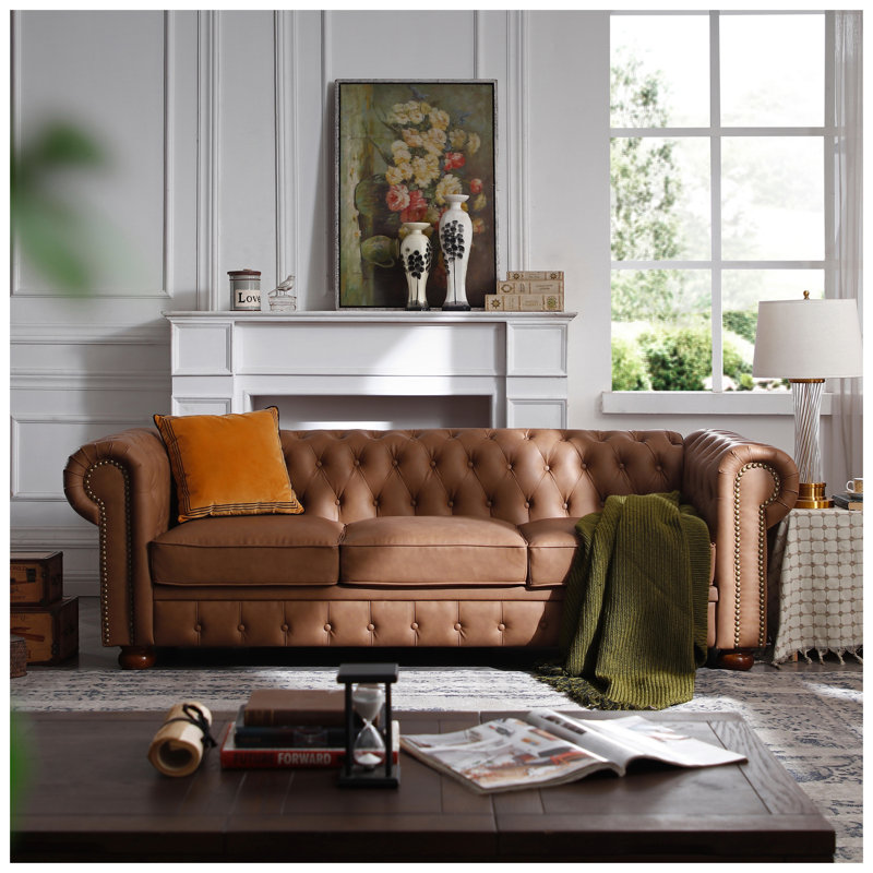 Canapé Chesterfield classique en similicuir brun avec structure en bois massif