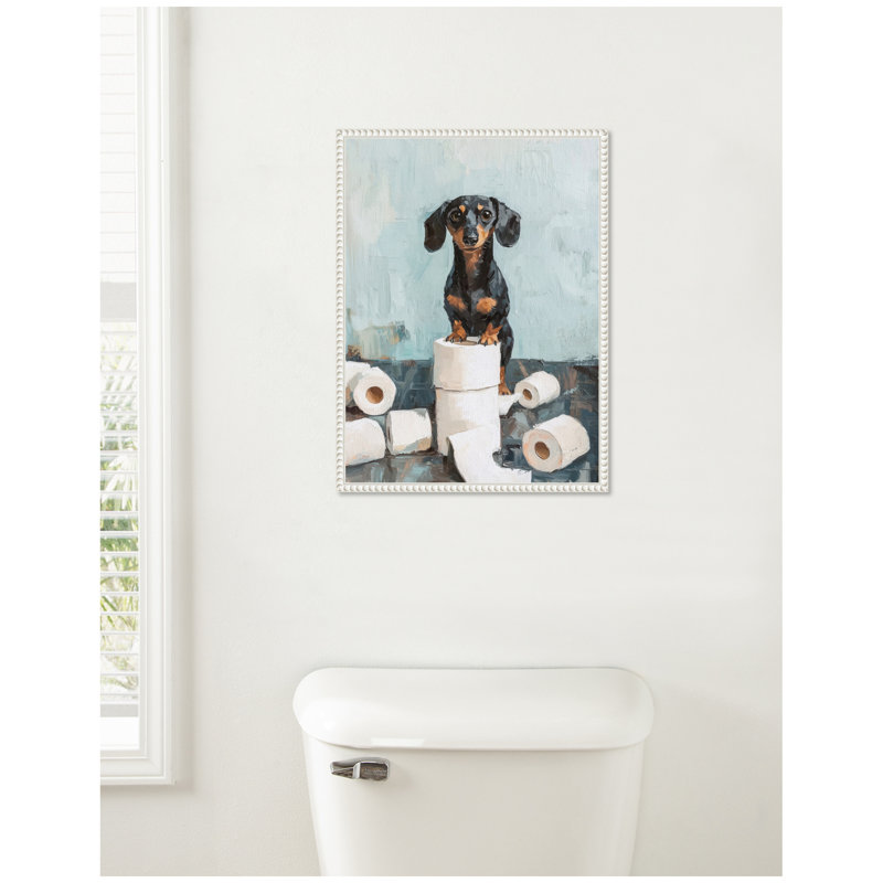 «Cute Dachshund Dog», papier de toilette, bleu sarcelle, salle de bain par The Creative Bunch Studio, reproduction d'art sur toile encadrée