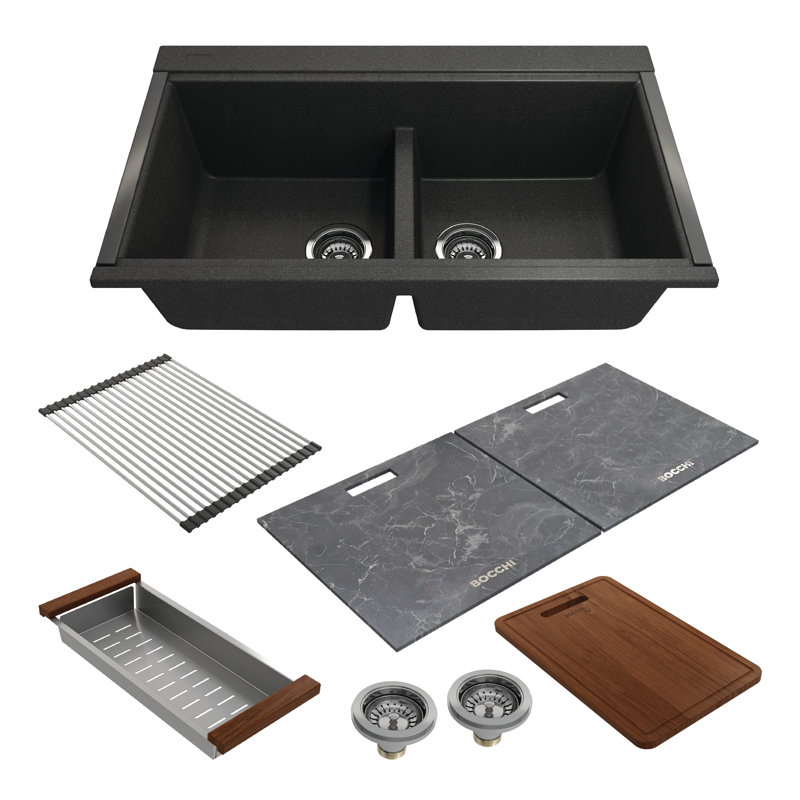 Baveno Lux 33.75'' L Dual-Mount Double Basin Kitchen Sink, Concrete Gray