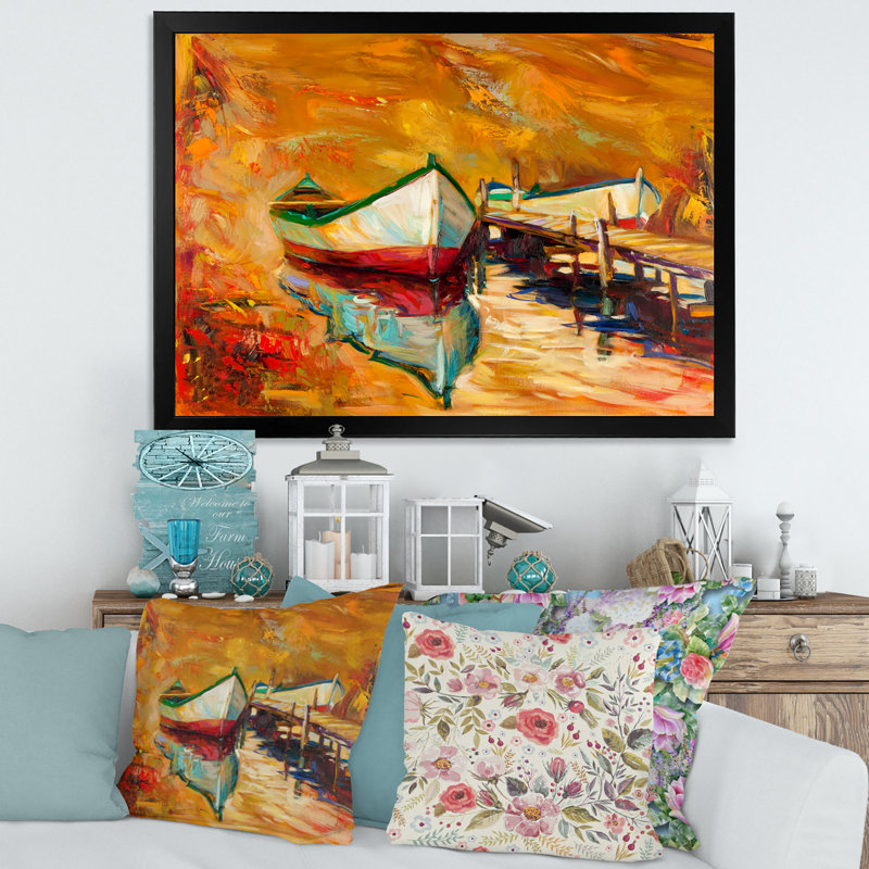 Bateaux blancs et rouges près de la jetée - Peinture sur toile, H 16 po x l 32 po x p 1 po, Cadre photo noir
