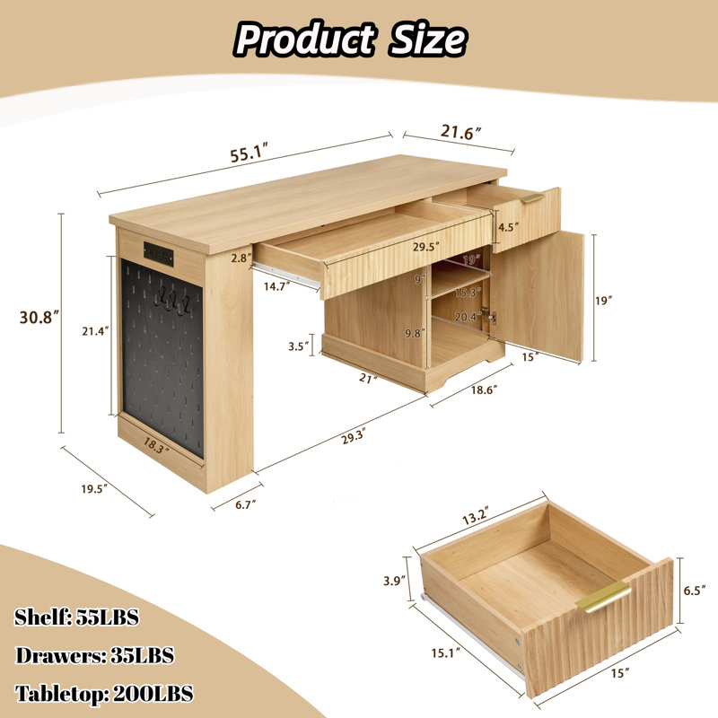 Modern 55" Fluted Writing Desk With Storage Cabinet, Drawers, Power Outlet And Built-In Shelves, Light Oak/Light Oak