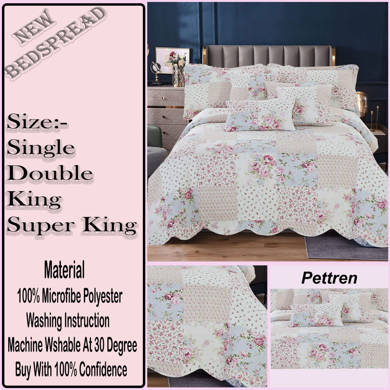 Printed Bedspread Set Floral Pattern with Matching Pillow Shams, Soft Microfiber Coverlet, Lightweight & All-Season Bedding