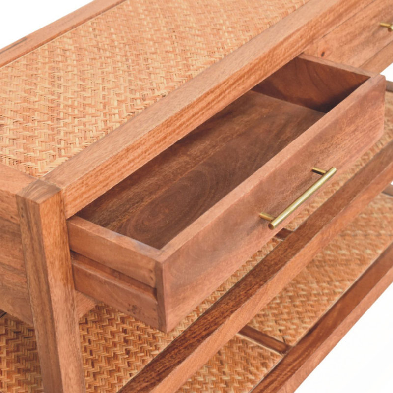 Console en bois massif tissé, brun, 2 tiroirs, 2 tablettes