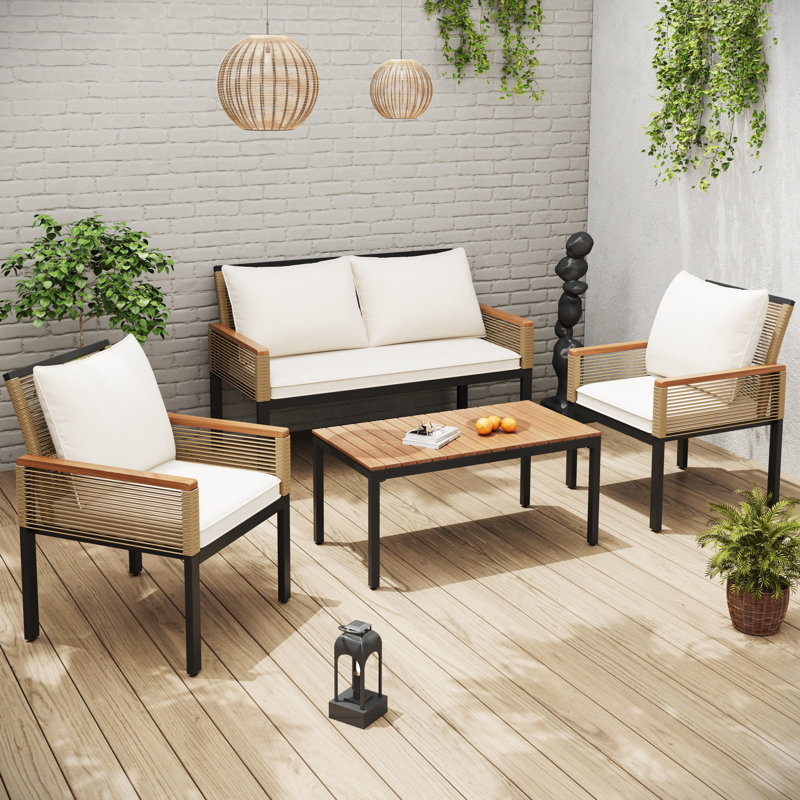 Wicker 4 - Person Garden Lounge Set, Beige Cushion/Natural/Black Frame