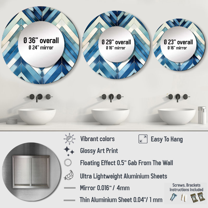 Vintage Cobalt Blue White Chevron Geometric - chevron  Decorative Mirror, Blue Round Wall Mirror, Printed Metal Art
