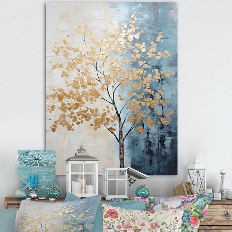 «Gold and Blue Trees Harmony», reproduction sur toile encadrée, Toile tendue, H 32 po x l 16 po
